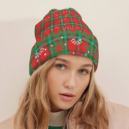 ScotsTee Shop Scottish MacLaine of Loch Buie Tartan Plaid Christmas Deer Snowman Snowflake Bell Knit Beanie