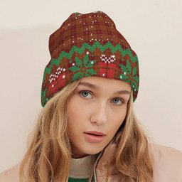 ScotsTee Shop Scottish Hamilton Red Tartan Plaid Christmas Deer Snowman Snowflake Bell Knit Beanie