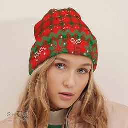 ScotsTee Shop Scottish MacDonald of Sleat SC Tartan Plaid Christmas Deer Snowman Snowflake Bell Knit Beanie