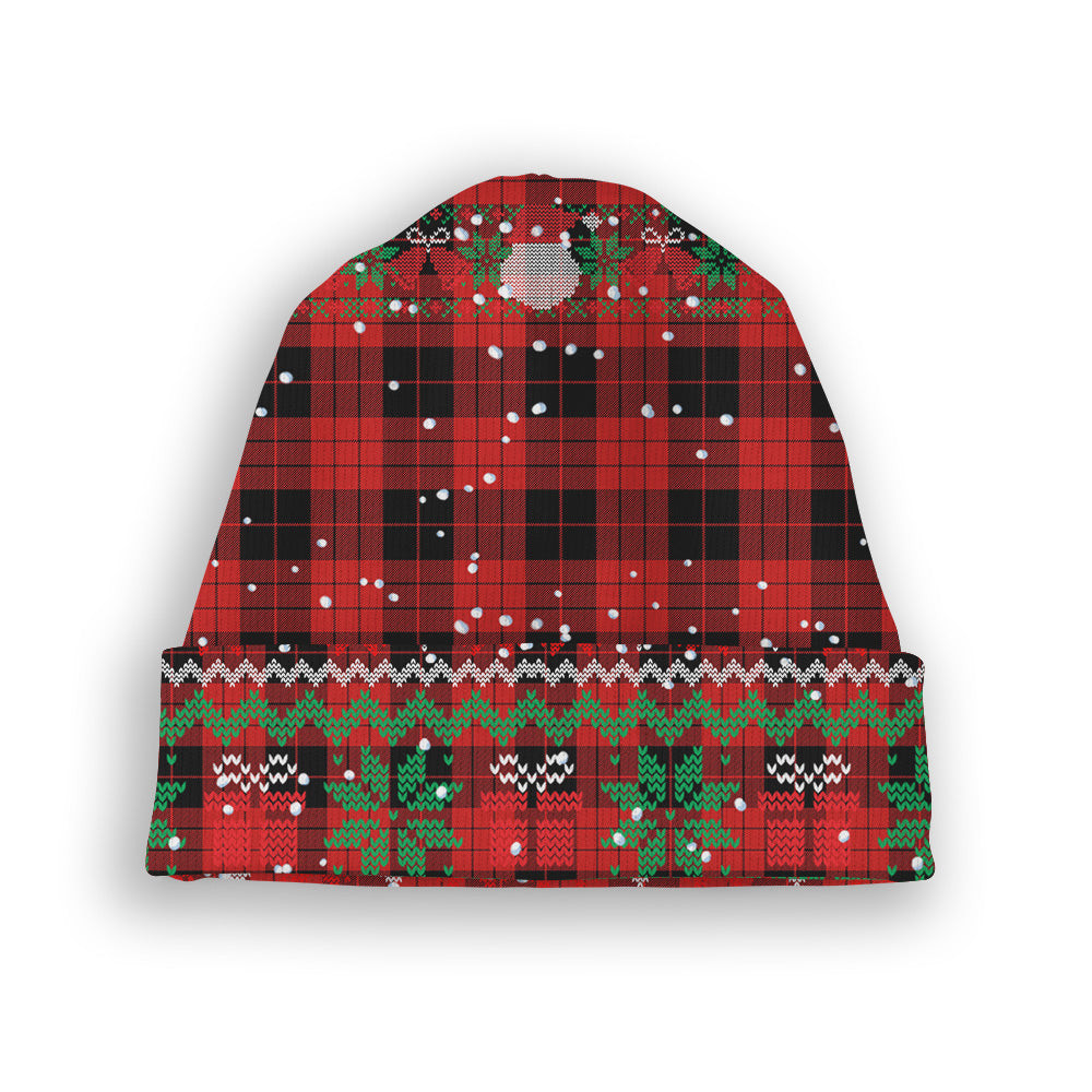 ScotsTee Shop Scottish McLeod Black and Red Modern Tartan Plaid Christmas Deer Snowman Snowflake Bell Knit Beanie