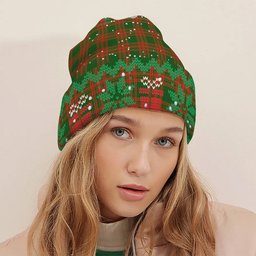 ScotsTee Shop Scottish Menzies Green Modern Tartan Plaid Christmas Deer Snowman Snowflake Bell Knit Beanie