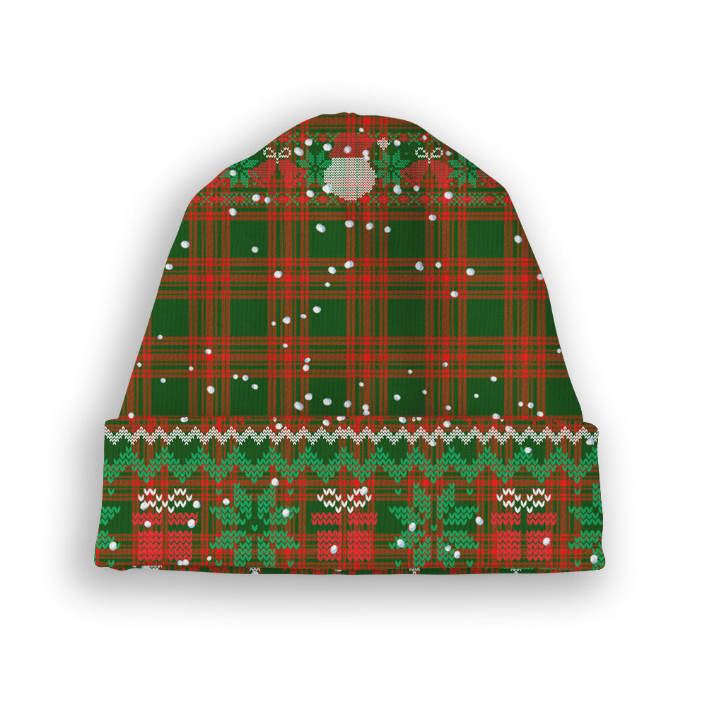 ScotsTee Shop Scottish Menzies Green Modern Tartan Plaid Christmas Deer Snowman Snowflake Bell Knit Beanie