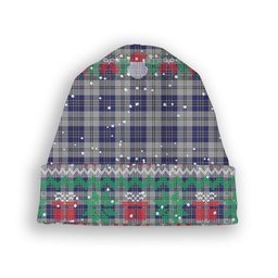 ScotsTee Shop Scottish McPherson Dress Blue Tartan Plaid Christmas Deer Snowman Snowflake Bell Knit Beanie