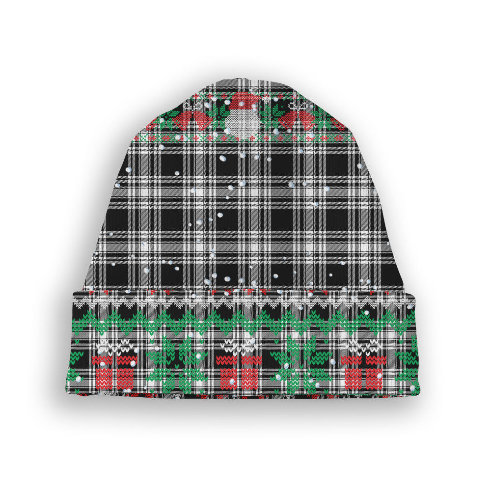 ScotsTee Shop Scottish Menzies Black & White Modern Tartan Plaid Christmas Deer Snowman Snowflake Bell Knit Beanie