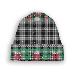 ScotsTee Shop Scottish Menzies Black & White Modern Tartan Plaid Christmas Deer Snowman Snowflake Bell Knit Beanie