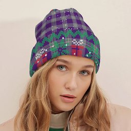 ScotsTee Shop Scottish Menzies Mauve and White Tartan Plaid Christmas Deer Snowman Snowflake Bell Knit Beanie