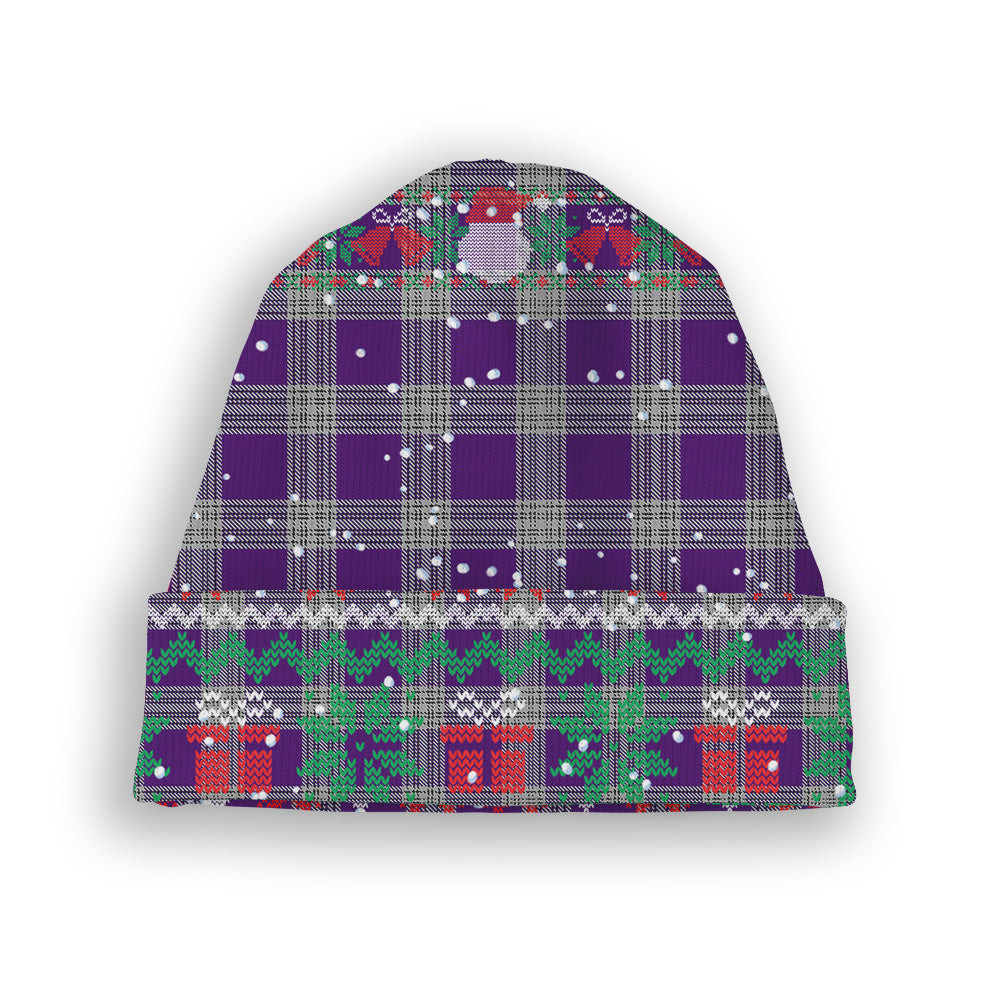 ScotsTee Shop Scottish Menzies Mauve and White Tartan Plaid Christmas Deer Snowman Snowflake Bell Knit Beanie