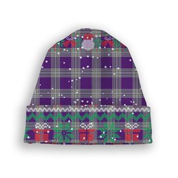 ScotsTee Shop Scottish Menzies Mauve and White Tartan Plaid Christmas Deer Snowman Snowflake Bell Knit Beanie