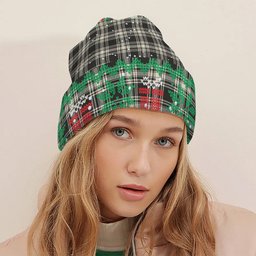 ScotsTee Shop Scottish Menzies Black & White Ancient Tartan Plaid Christmas Deer Snowman Snowflake Bell Knit Beanie