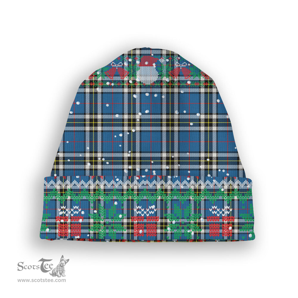 ScotsTee Shop Scottish McThomas Blue Modern Tartan Plaid Christmas Deer Snowman Snowflake Bell Knit Beanie