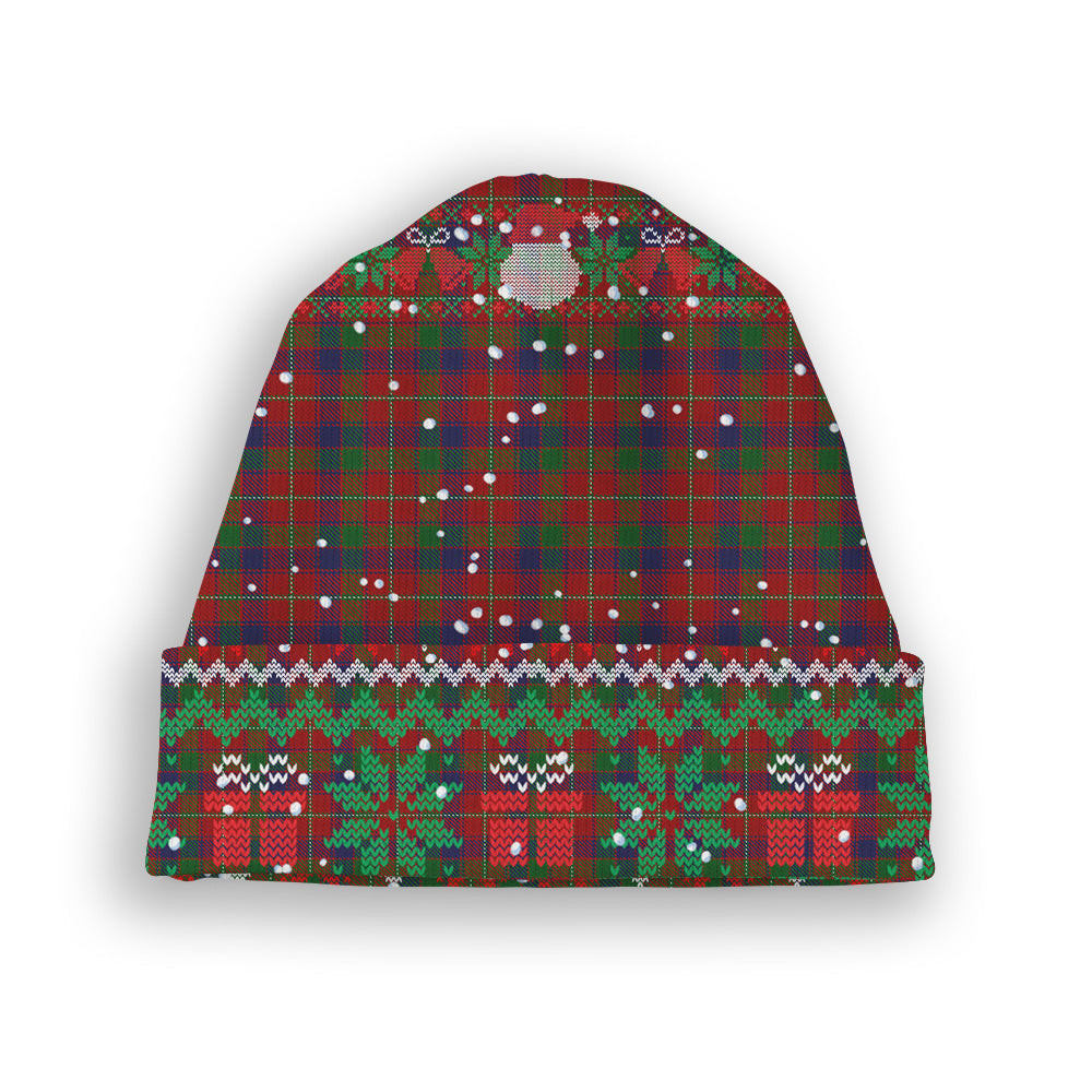 ScotsTee Shop Scottish Robertson White line Tartan Plaid Christmas Deer Snowman Snowflake Bell Knit Beanie