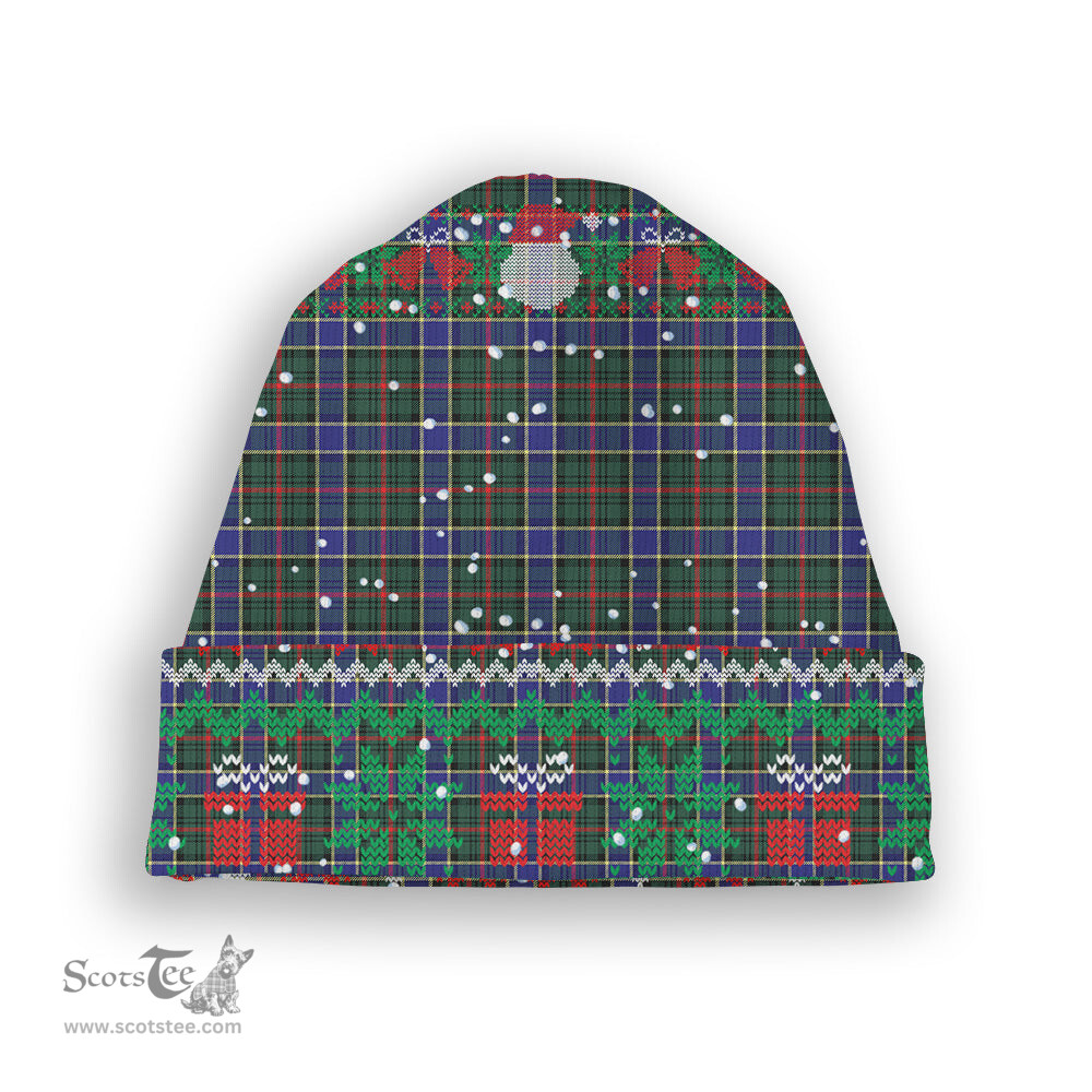 ScotsTee Shop Scottish Ogilvie (Ogilvy) Hunting Modern Tartan Plaid Christmas Deer Snowman Snowflake Bell Knit Beanie