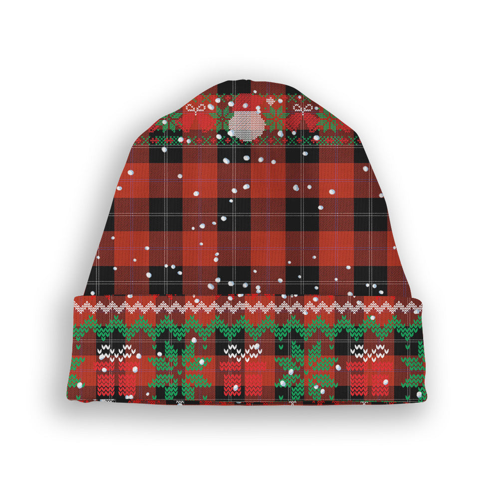 ScotsTee Shop Scottish Ramsay of Dalhousie (Ramsay Red) Ancient Tartan Plaid Christmas Deer Snowman Snowflake Bell Knit Beanie