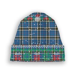 ScotsTee Shop Scottish Thomson Blue Tartan Plaid Christmas Deer Snowman Snowflake Bell Knit Beanie