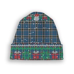ScotsTee Shop Scottish Thomson Dress Blue Tartan Plaid Christmas Deer Snowman Snowflake Bell Knit Beanie