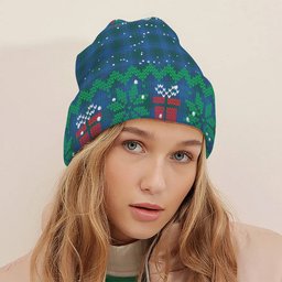 ScotsTee Shop Scottish Sutherland Hunting Modern Tartan Plaid Christmas Deer Snowman Snowflake Bell Knit Beanie