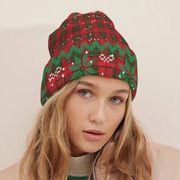 ScotsTee Shop Scottish Stewart of Appin Modern Tartan Plaid Christmas Deer Snowman Snowflake Bell Knit Beanie