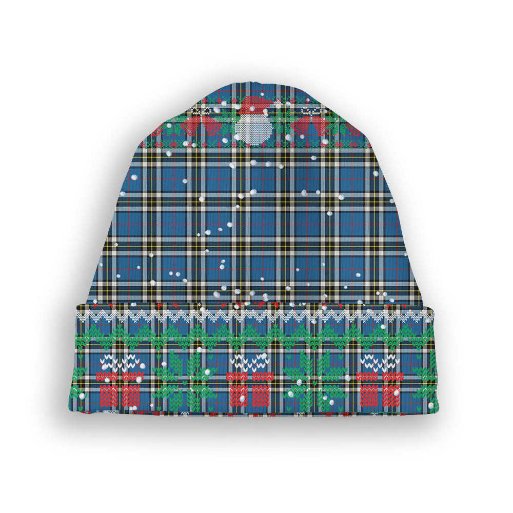 ScotsTee Shop Scottish Thomson Blue Modern Clan Tartan Plaid Christmas Deer Snowman Snowflake Bell Knit Beanie