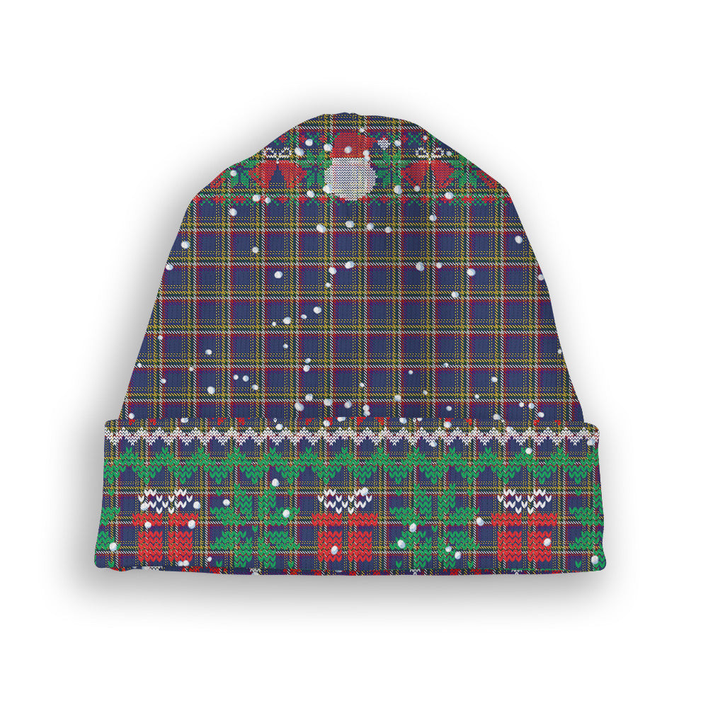 ScotsTee Shop Scottish Yukon (asymmetric) Tartan Plaid Christmas Deer Snowman Snowflake Bell Knit Beanie
