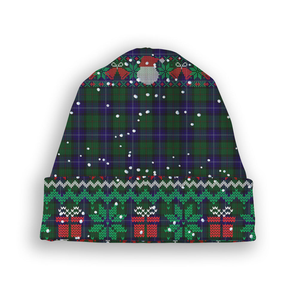 ScotsTee Shop Scottish Urquhart White Line Tartan Plaid Christmas Deer Snowman Snowflake Bell Knit Beanie