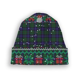 ScotsTee Shop Scottish Urquhart White Line Tartan Plaid Christmas Deer Snowman Snowflake Bell Knit Beanie