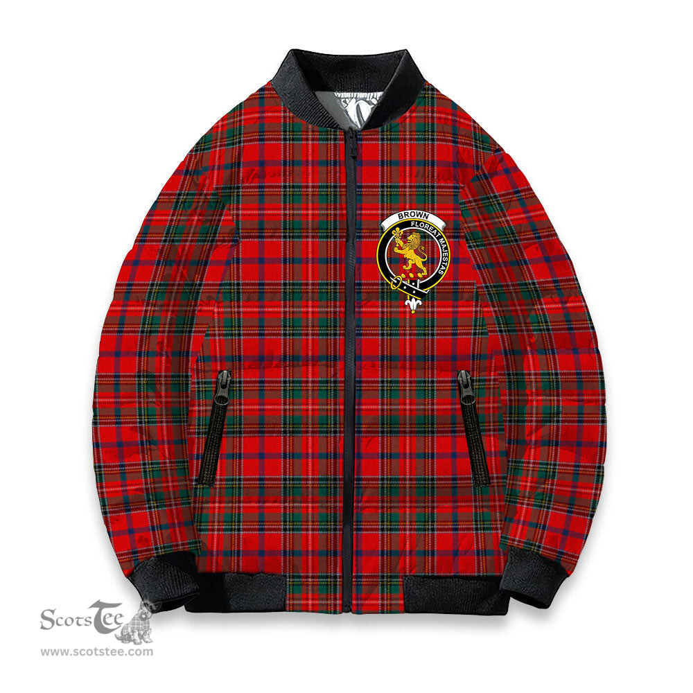 ScotsTee Shop Scottish Brown of Castledean (Broun of Castledean) Modern Crest Tartan Bomber Puffer Jacket