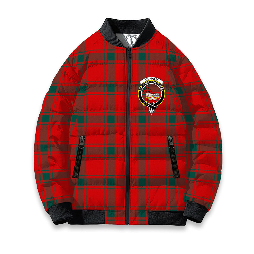 ScotsTee Shop Scottish Donald of the Isles Red Modern Crest Tartan Bomber Puffer Jacket