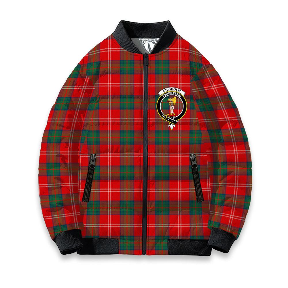 ScotsTee Shop Scottish Chisholm of Strathglass Modern Crest Tartan Bomber Puffer Jacket