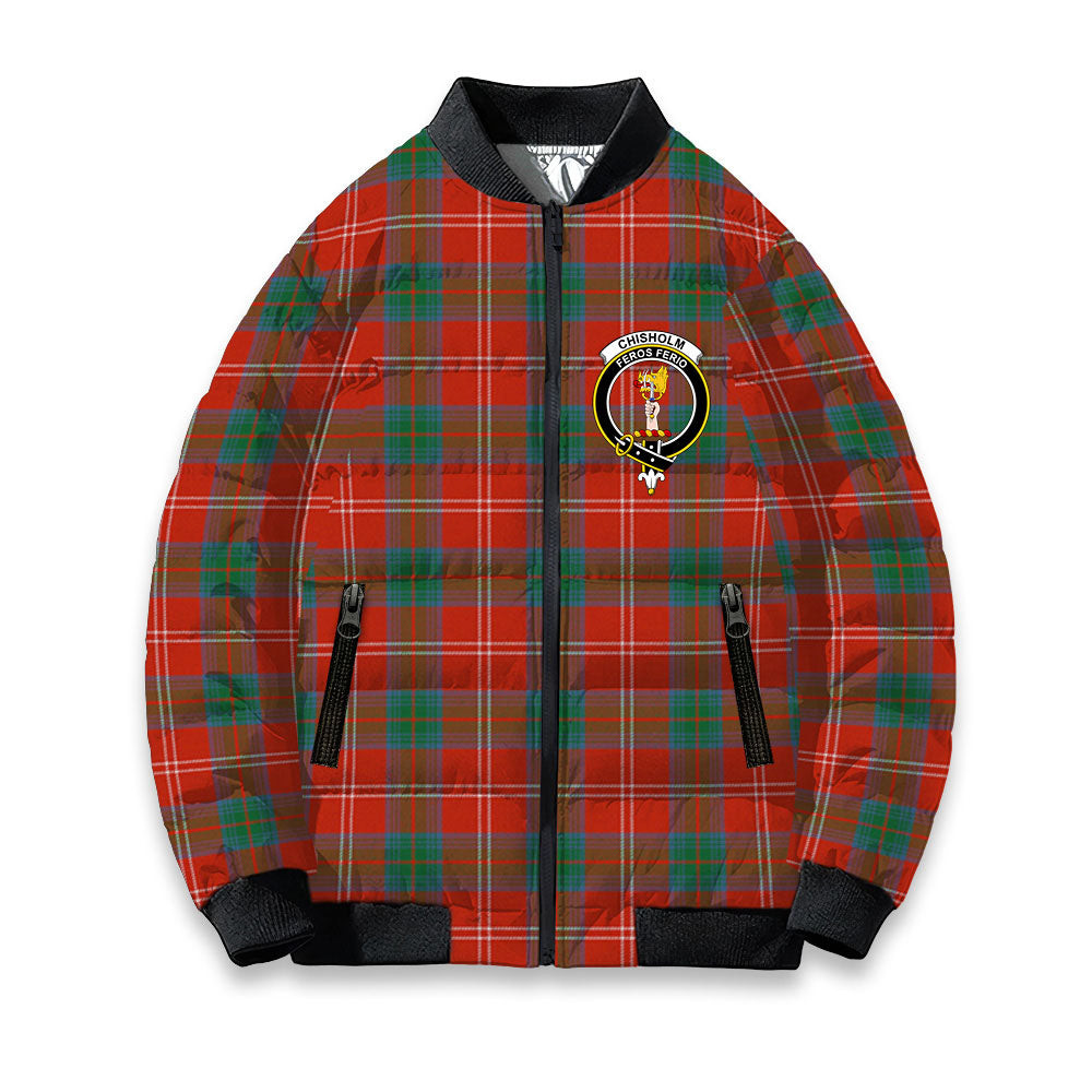 ScotsTee Shop Scottish Chisholm of Strathglass Ancient Crest Tartan Bomber Puffer Jacket