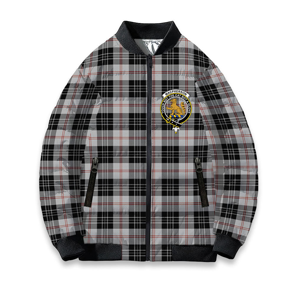 ScotsTee Shop Scottish MacPherson of Cluny Black and White Crest Tartan Bomber Puffer Jacket