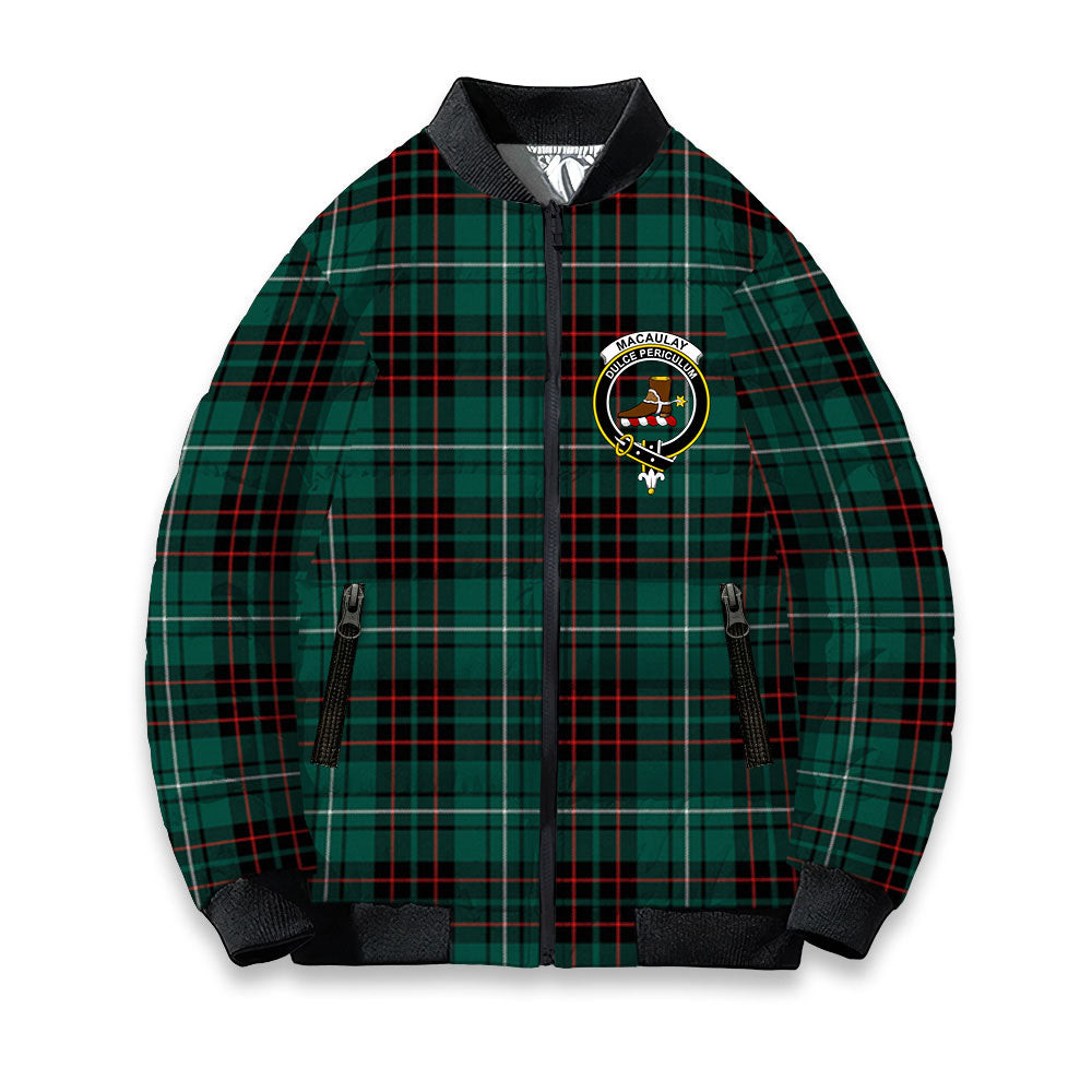 ScotsTee Shop Scottish MacAulay of Lewis Modern Crest Tartan Bomber Puffer Jacket