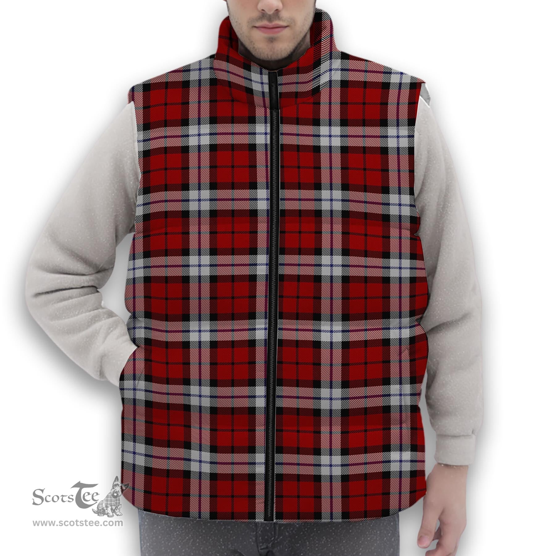 ScotsTee Shop Scottish Brodie Dress Premium Tartan Puffer Vest Winter White Duck Down Vest Sleeveless