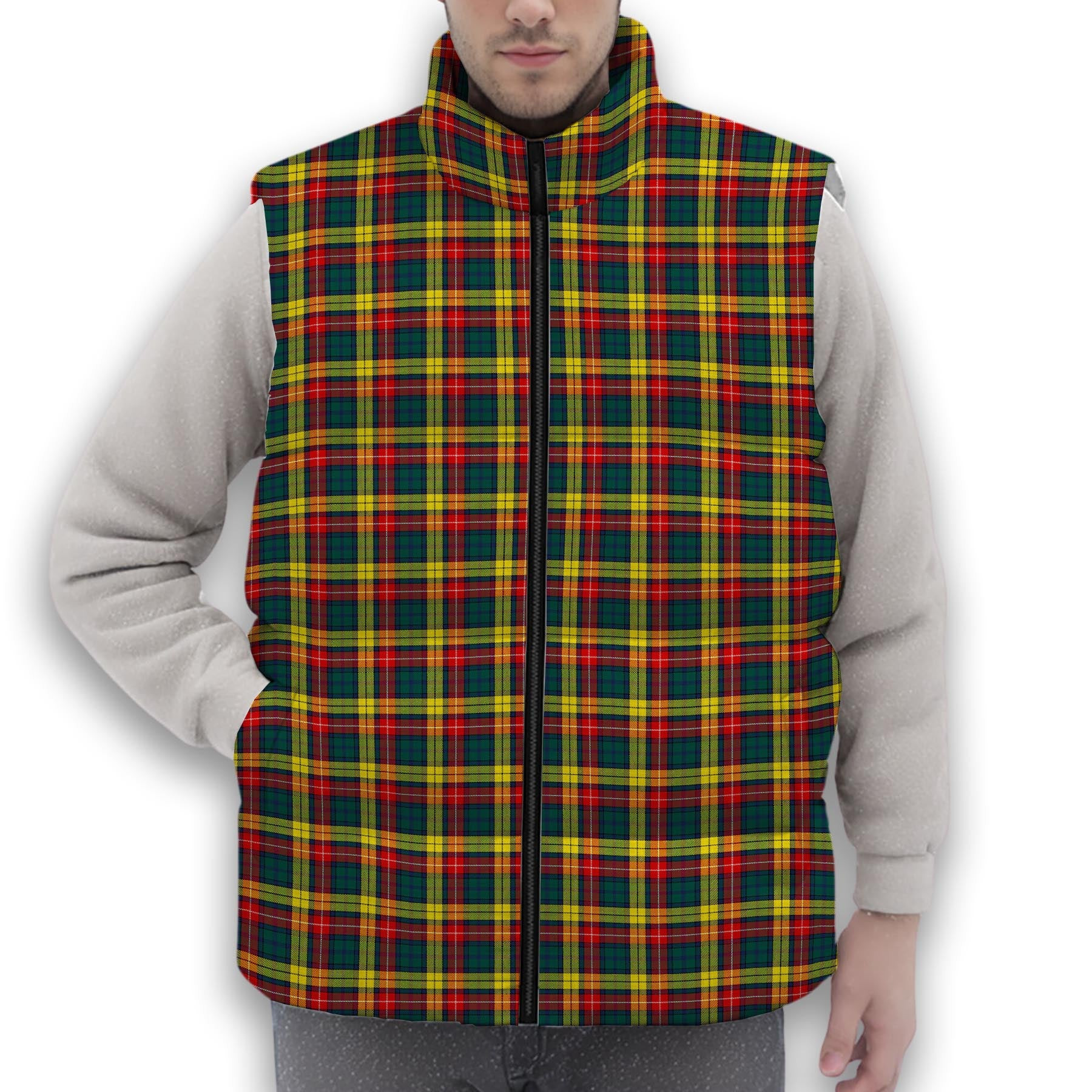 ScotsTee Shop Scottish Buchanan Modern Premium Tartan Puffer Vest Winter White Duck Down Vest Sleeveless