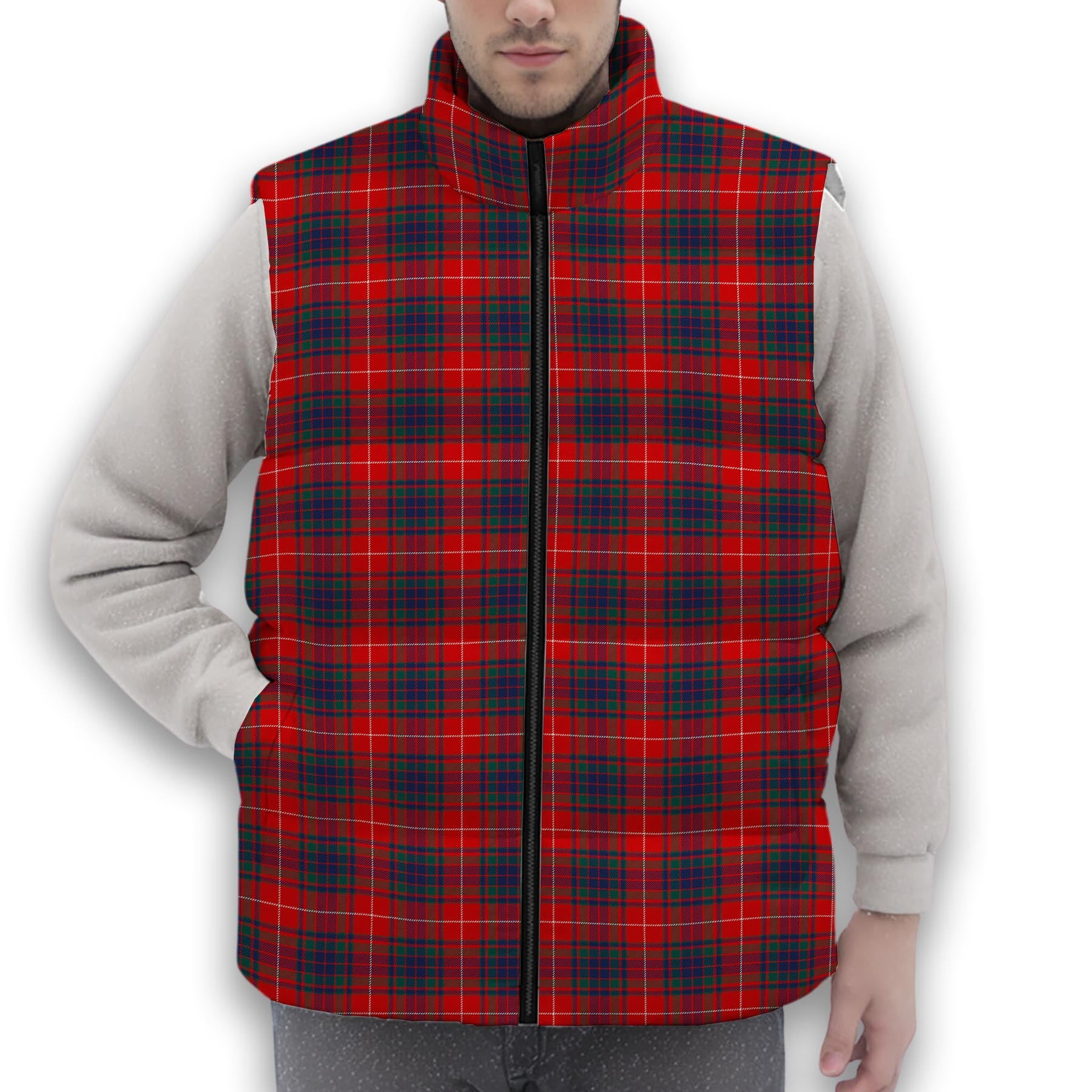 ScotsTee Shop Scottish Fraser Gathering Red Modern Premium Tartan Puffer Vest Winter White Duck Down Vest Sleeveless
