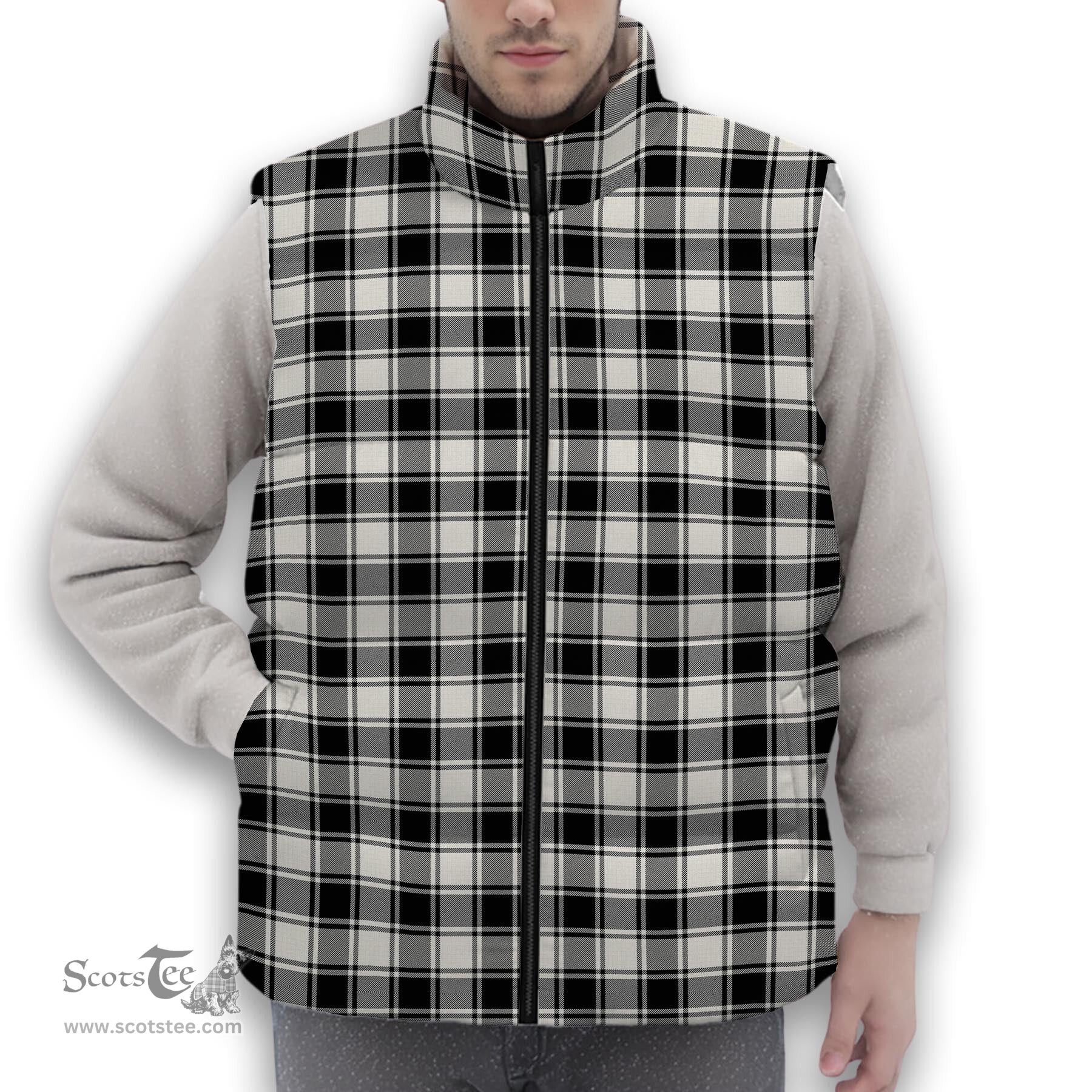ScotsTee Shop Scottish MacPhee B&W Modern Premium Tartan Puffer Vest Winter White Duck Down Vest Sleeveless
