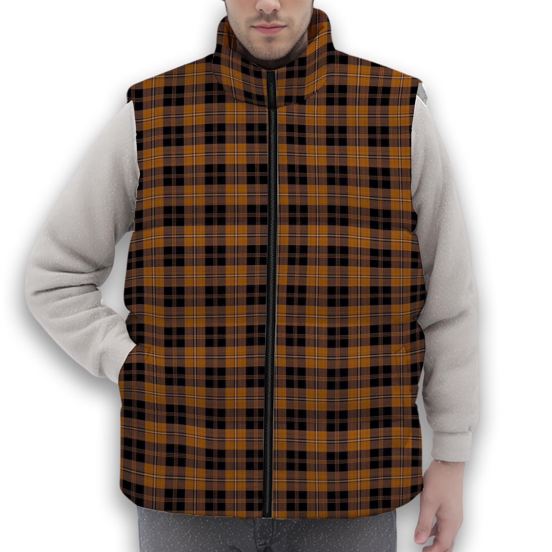 ScotsTee Shop Scottish Johnston Orange and Black Premium Tartan Puffer Vest Winter White Duck Down Vest Sleeveless