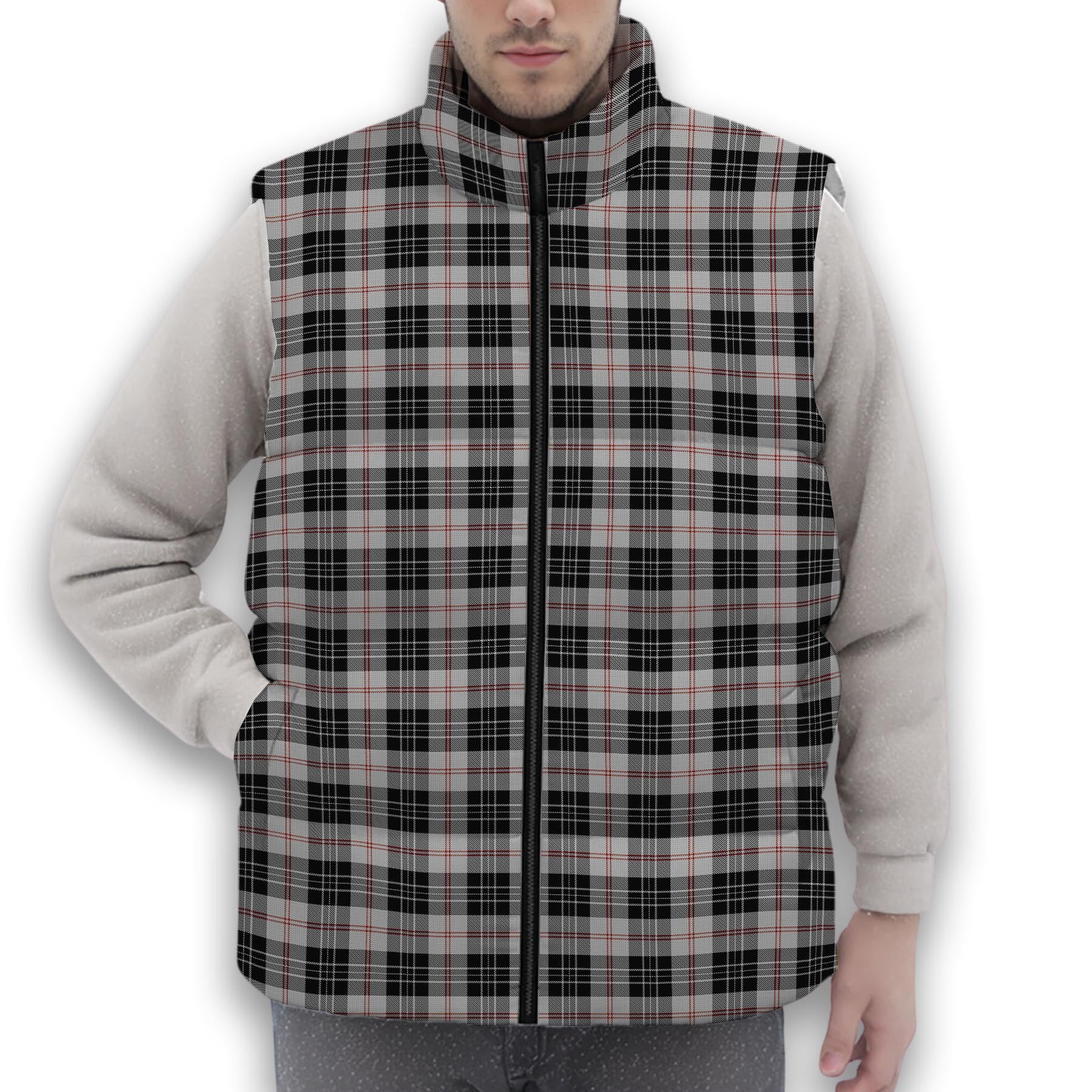 ScotsTee Shop Scottish MacPherson of Cluny Black and White Premium Tartan Puffer Vest Winter White Duck Down Vest Sleeveless