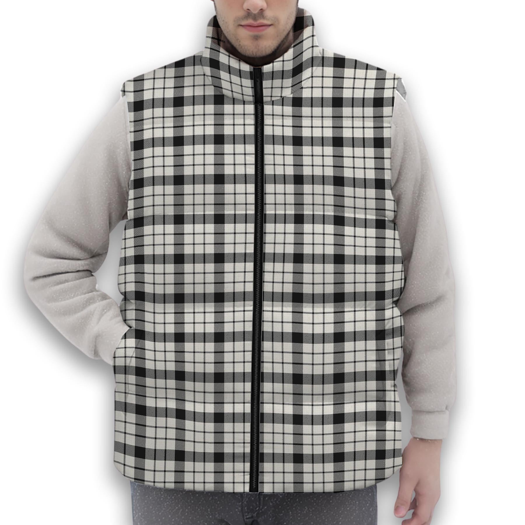 ScotsTee Shop Scottish McFarlane Black White Ancient Premium Tartan Puffer Vest Winter White Duck Down Vest Sleeveless