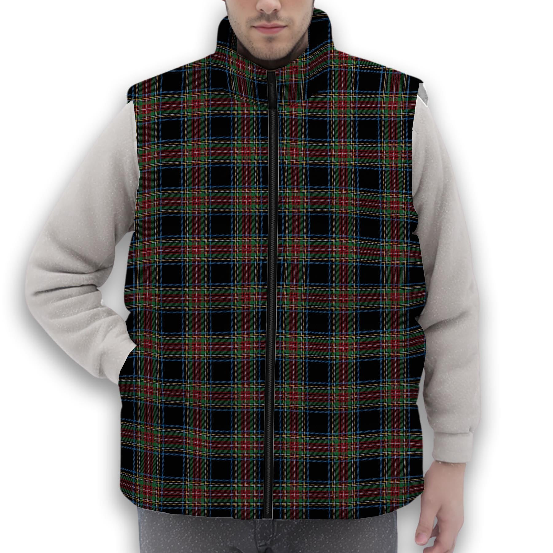 ScotsTee Shop Scottish Stewart Black Ancient Premium Tartan Puffer Vest Winter White Duck Down Vest Sleeveless