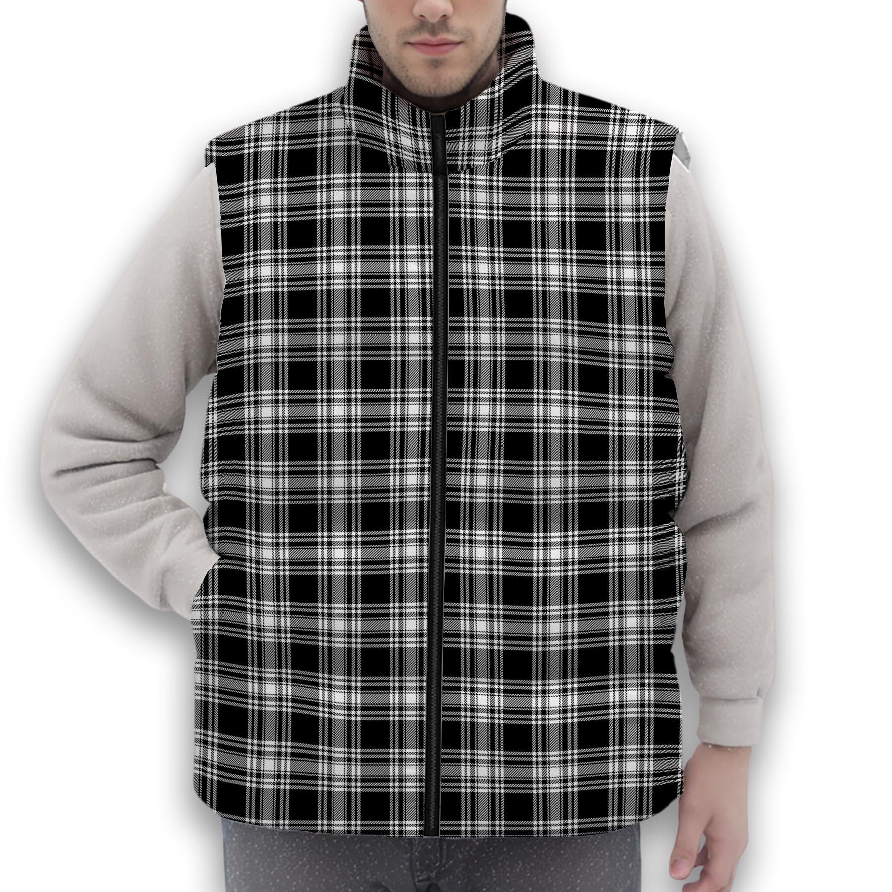 ScotsTee Shop Scottish Menzies Black & White Modern Premium Tartan Puffer Vest Winter White Duck Down Vest Sleeveless
