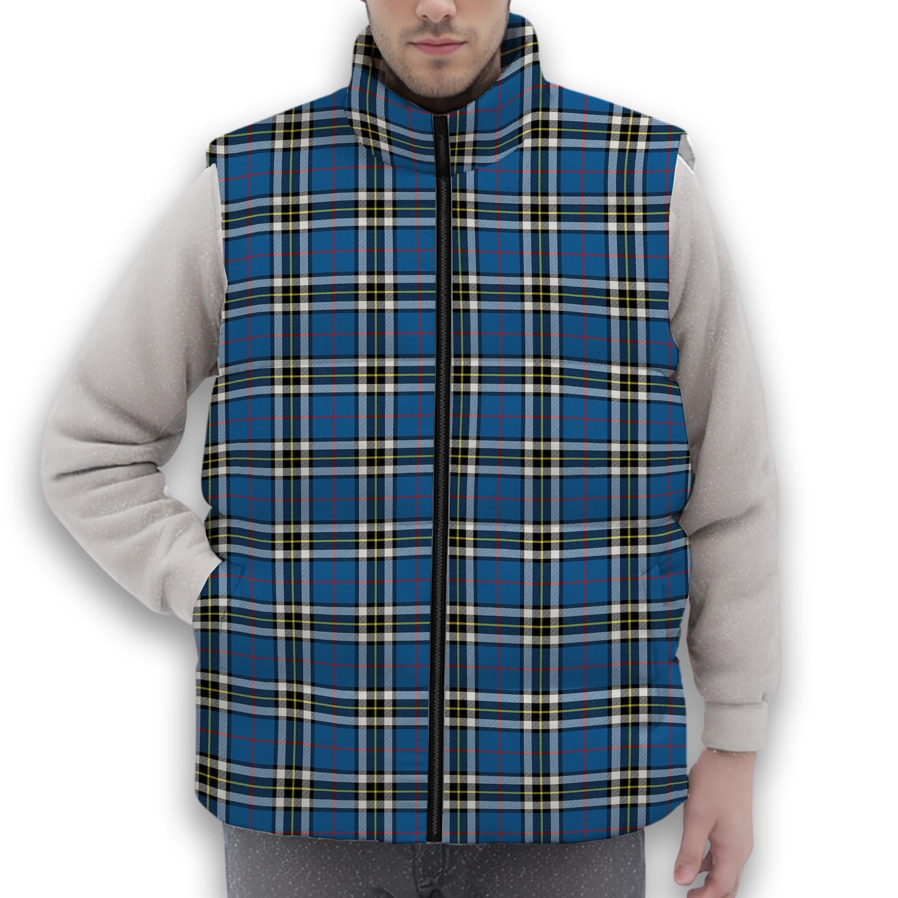 ScotsTee Shop Scottish MacThomas Blue Modern Premium Tartan Puffer Vest Winter White Duck Down Vest Sleeveless
