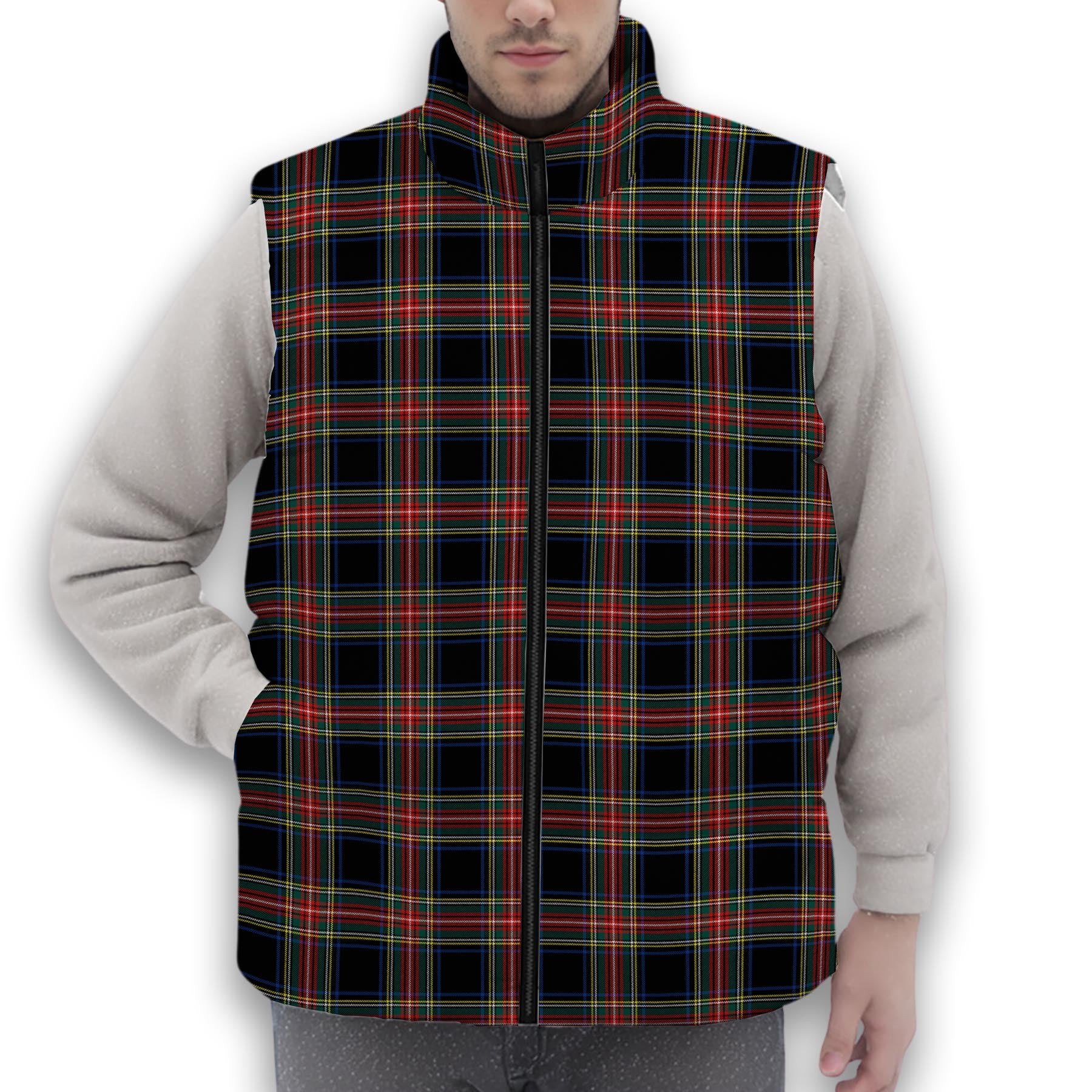 ScotsTee Shop Scottish Stewart Black Modern Premium Tartan Puffer Vest Winter White Duck Down Vest Sleeveless