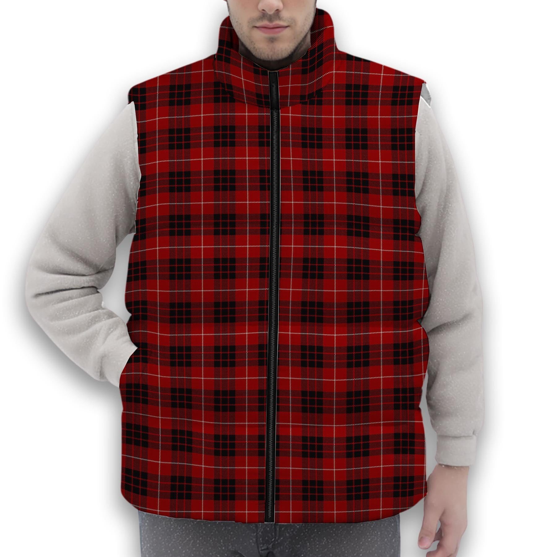 ScotsTee Shop Scottish Monroe Black and Red Premium Tartan Puffer Vest Winter White Duck Down Vest Sleeveless
