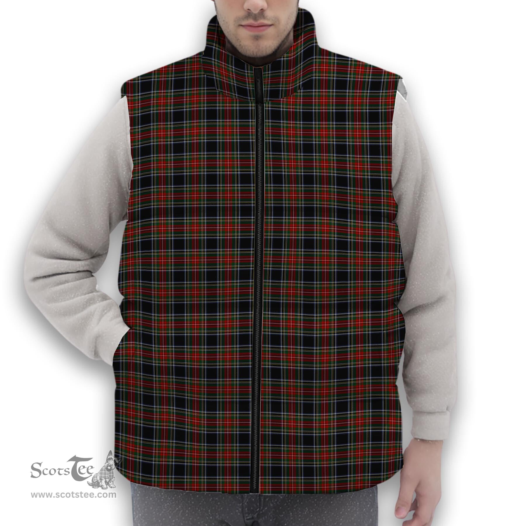 ScotsTee Shop Scottish Stewart Black 3 Premium Tartan Puffer Vest Winter White Duck Down Vest Sleeveless