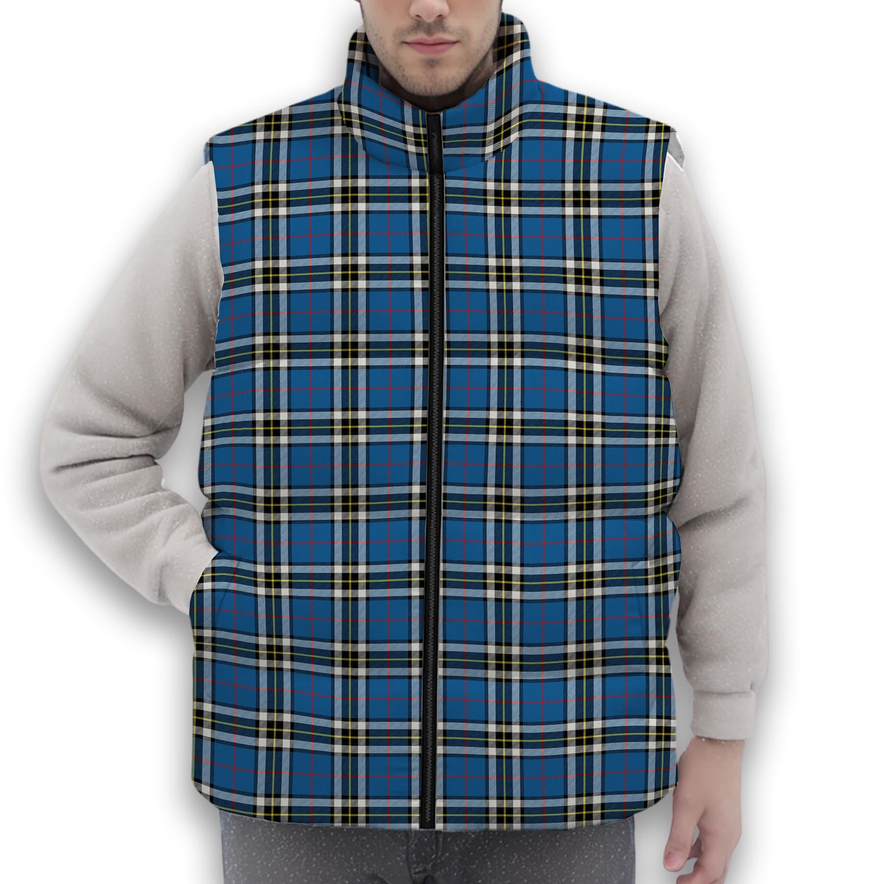 ScotsTee Shop Scottish Thompson Society Dress Blue Modern Premium Tartan Puffer Vest Winter White Duck Down Vest Sleeveless
