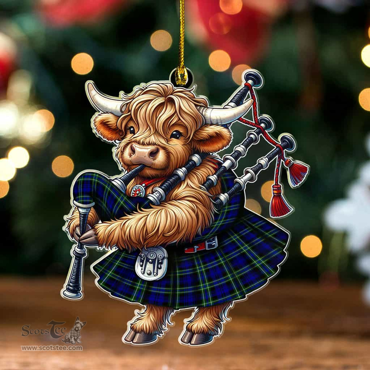 ScotsTee Shop Scottish Arbuthnot Modern Clan Tartan Highland Cow Ornament Bagpipe in Scottish Kilt