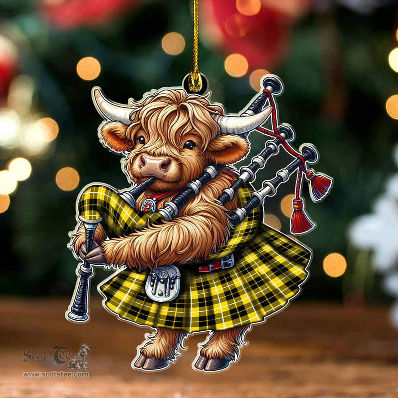 ScotsTee Shop Scottish Barclay Dress Modern Clan Tartan Highland Cow Ornament Bagpipe in Scottish Kilt