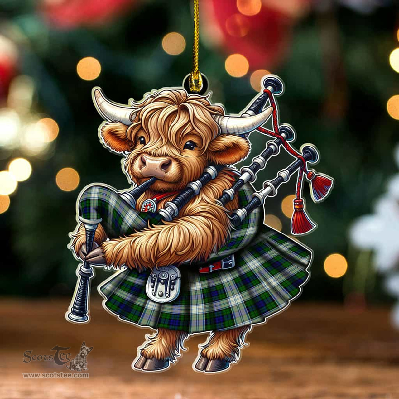 ScotsTee Shop Scottish Blackwatch Dress Modern Clan Tartan Highland Cow Ornament Bagpipe in Scottish Kilt