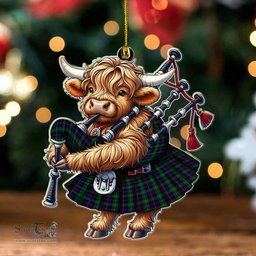 ScotsTee Shop Scottish Campbell of Cawdor Modern Clan Tartan Highland Cow Ornament Bagpipe in Scottish Kilt