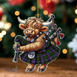 ScotsTee Shop Scottish Blair Modern Clan Tartan Highland Cow Ornament Bagpipe in Scottish Kilt